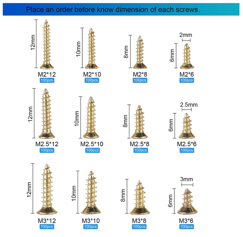 1200Pcs Tiny Phillips Flat Head Self Tapping Screws for Wood, Plastic and Soft Metal. M2 M2.5 M3 Small Countersunk Tapper Screws Set for DIY Micro Woodworking Furniture Box. Golden,Carbon Steel
