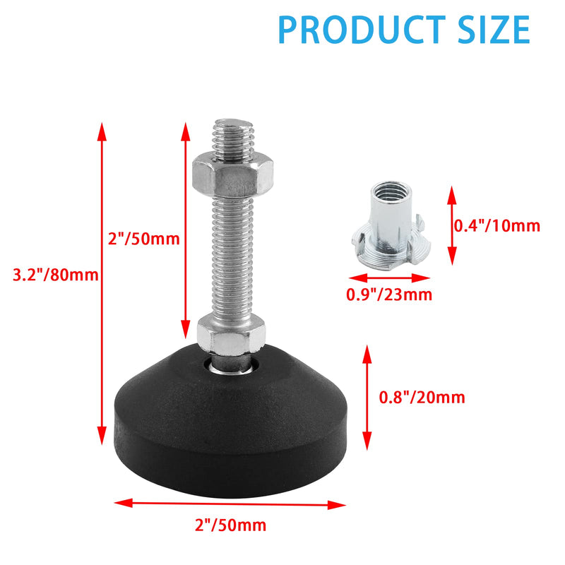 Luomorgo 4 Pcs M10 Leveling Feet with T-Nut, Anti Skid Threaded Rubber Feet, Adjustable Swivel Levelers for Furniture Feet, Heavy Duty Appliance Feet for Mechanical Equipment (D50 x M10 x H50) D50 x M10 x H50