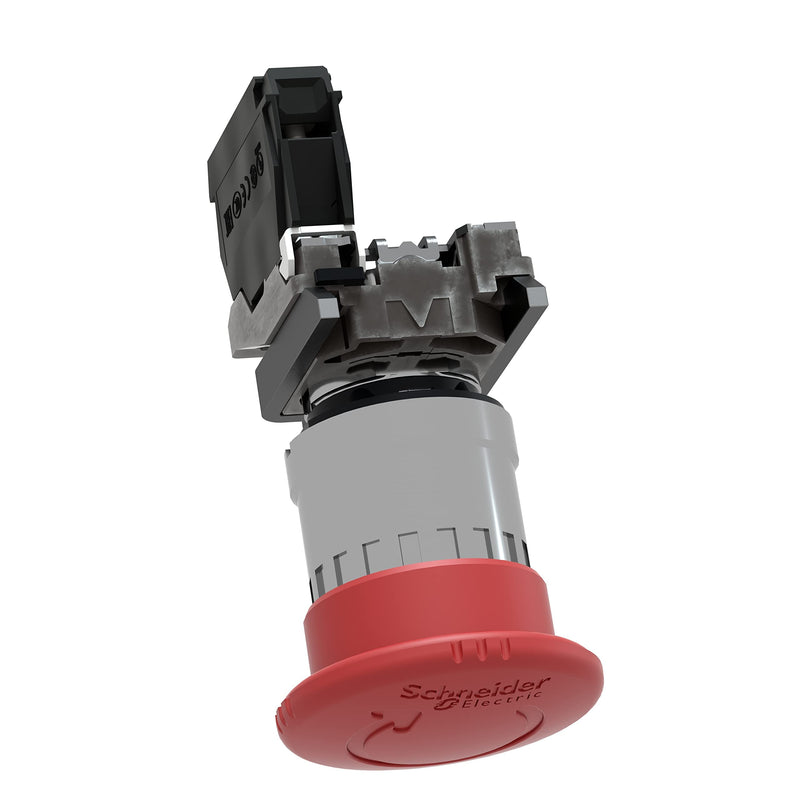 Schneider Electric XB4BS8442 Emergency Switching Off Push Button Switch for Industrial Machinery, Chromium Plated Metal Bezel, Fits 22mm Diameter Cutouts, Trigger Latching Turn to Release, 1NC