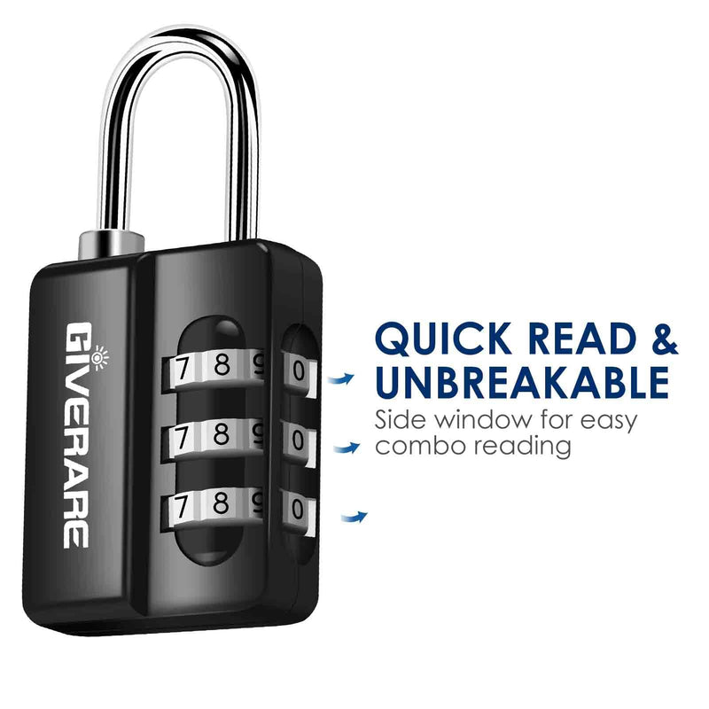 GIVERARE 4 Pack Combination Lock, 3-Digit Padlock Keyless, Resettable Luggage Locks for Backpack, Gym & School & Employee Locker, Weatherproof Travel Lock for Fence, Backyard Gate, Hasp, Case-Black Black