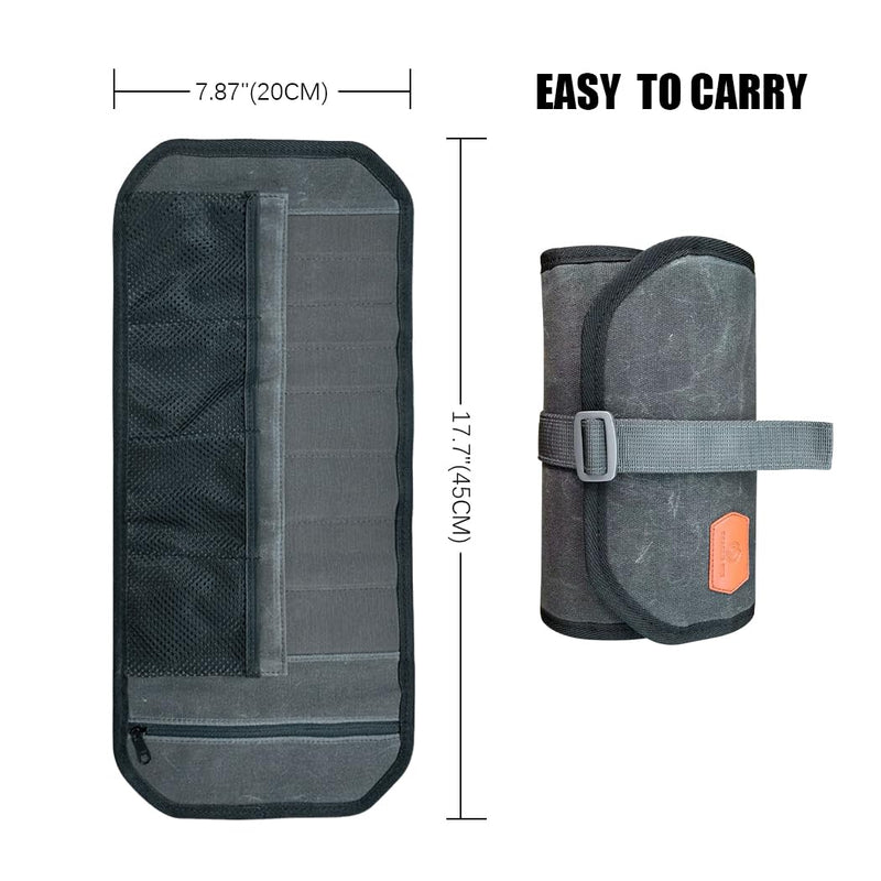 Roaring Fire Pioneer Mini Tool Roll Bag - Waxed Canvas Roll Up Pouch, YKK Zipper, 4 Mesh & 8 Elastic Loops for Wrenches, Survival, EDC - Gift for Dad