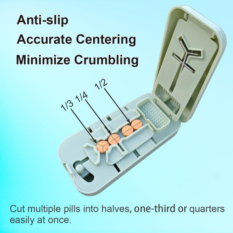 Pill Cutter for Cutting Multiple Pills, Pill Cutter for Large, Small and Tiny Pills 1/2 1/3 1/4, with Centering Device, Crusher, Brush and Storage Box 1/3 Green