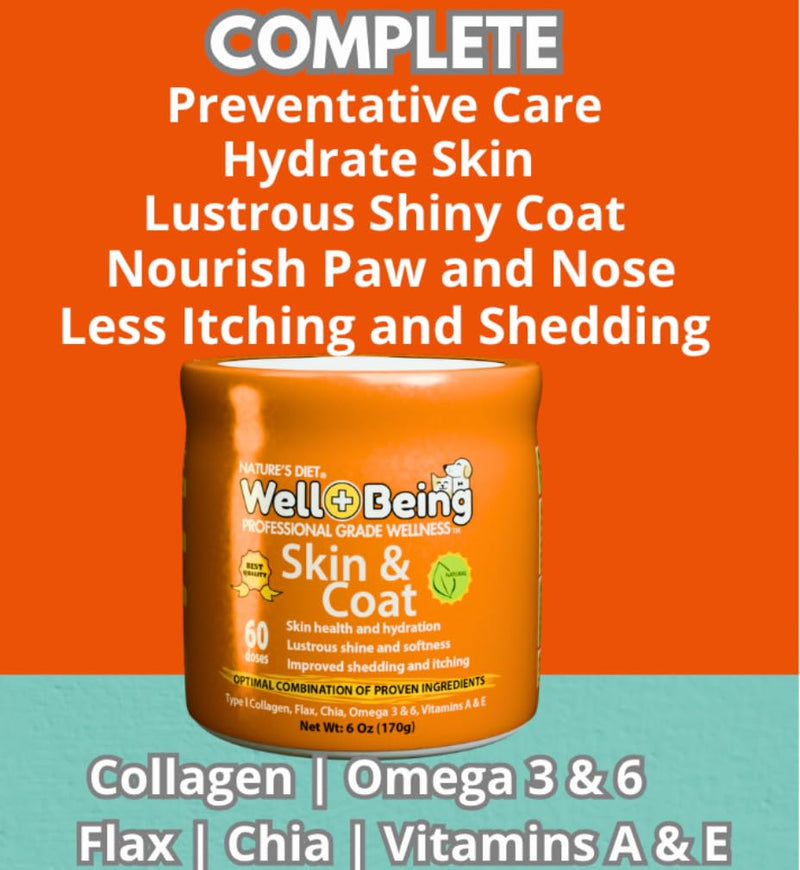 Nature’s Diet Well+Being Skin & Coat Supplement for Dogs & Cats – Collagen, Omega 3 & 6, Flax & Chia – Supports Healthy Skin, Shiny Coat & Reduced Shedding – 60 Doses (6 oz)
