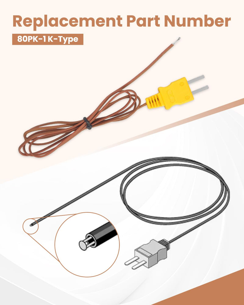 80PK-1 K-Type Bead Temperature Probe Fit for Fluke thermocouple Meters 1M Length High Accuracy, 2Pcs 2