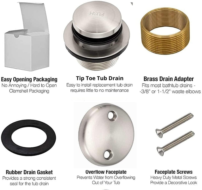 Maui Tip Toe Style Conversion Kit Bathtub Tub Drain Assembly, All Brass Construction (Satin Nickel) Satin Nickel