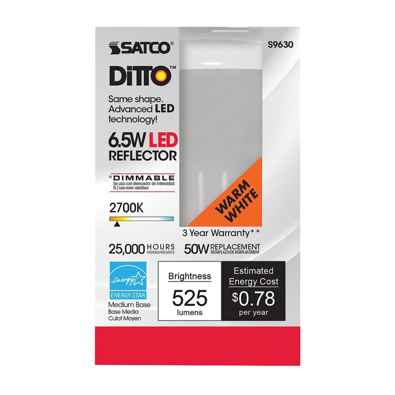 Satco 6.5 Watt LED Reflector Light Bulb; R20; 2700K Warm White; 525 Lumen; 120 Volts; Dimmable (6 LED Light Bulbs)