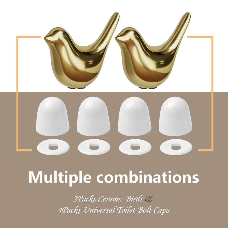 2Packs Ceramic Gold Birds Toilet Bolt Caps & 4Packs Universal Toilet Bolt Covers, Bathroom Decorative Toilet Floor Screw Cover Caps Easy Installation