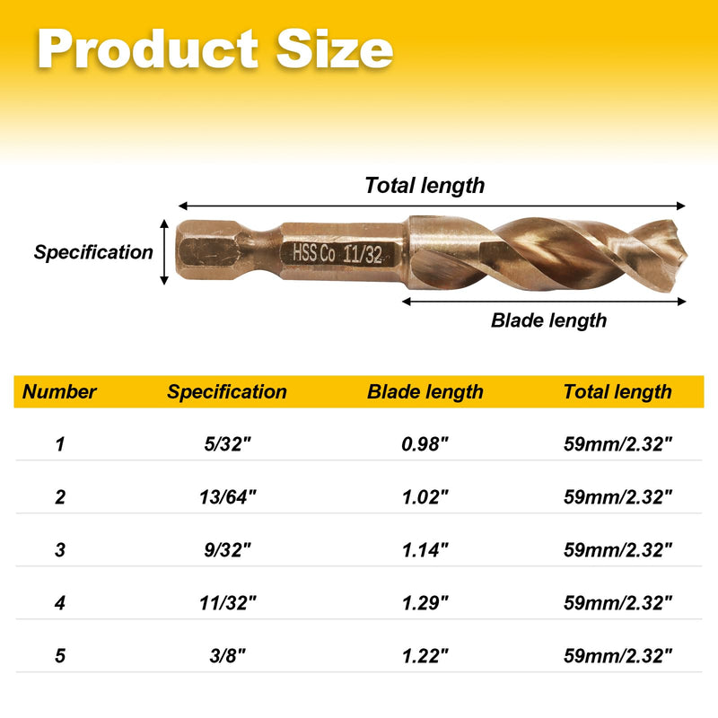 5 Pcs M35 Cobalt Stubby Drill Bit Set for Hard Metals and Stainless Steel, with 1/4" Hex Shank for Impact Drivers and Quick Chucks (5/32", 13/64", 9/32", 11/32", 3/8") 5/32" to 3/8" (5 Pcs)