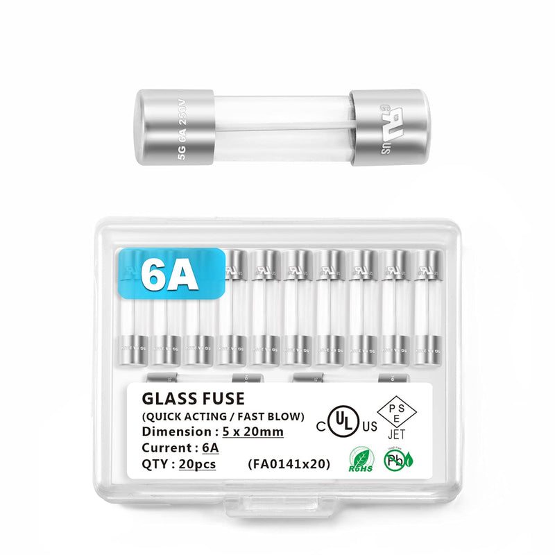 Chanzon(Pack of 20Pcs) UL Listed 5x20mm 6A 250V/125V 6 Amp Glass Fuses Fast Blow Cartridge Tube Fuse F6A 125 V / 250 V 5x20mm without lead