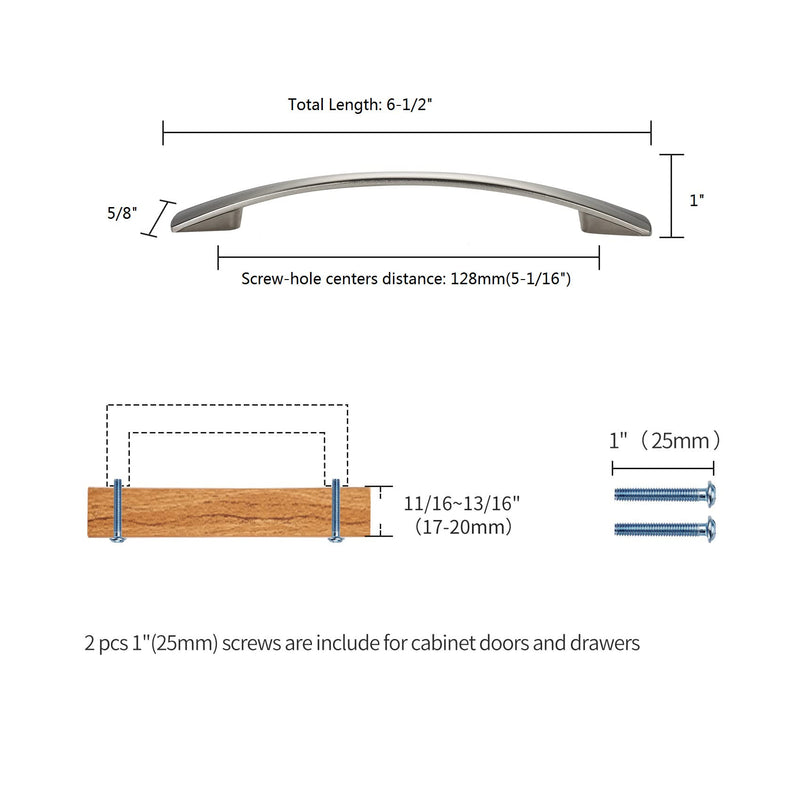 6" Satin Nickel Kitchen Cabinet Handle Arched Drawer Pull Hardware, 128mm (5") Hole Centers Spacing, 04SN128, 10 Pack