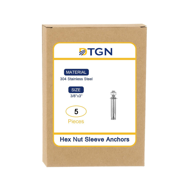 3/8" x 3" Hex Nut Sleeve Anchors - 5Pack - Good for Concrete Dry Brick Block Walls - 304 Stainless Steel - Silver 5