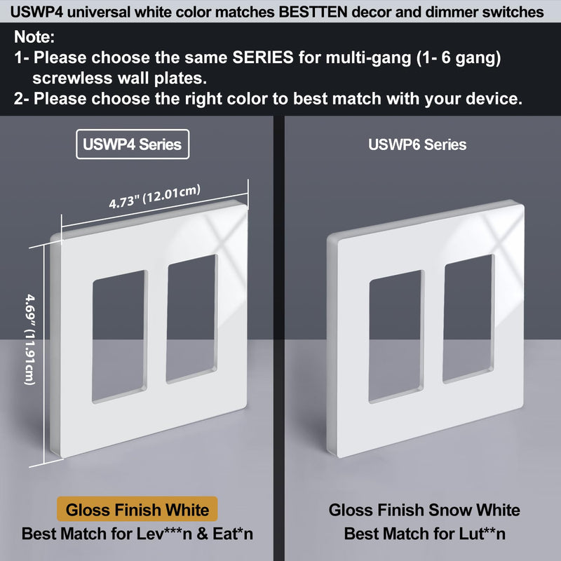 BESTTEN 2 Gang Screwless Wall Plate, 10 Pack, USWP4 Off White Series, Decorative Outlet Cover, H4.69” x W4.73”, Light Switch Cover, Double Gang Receptacle Face Plate 2 Gang 10PK Gloss Off White