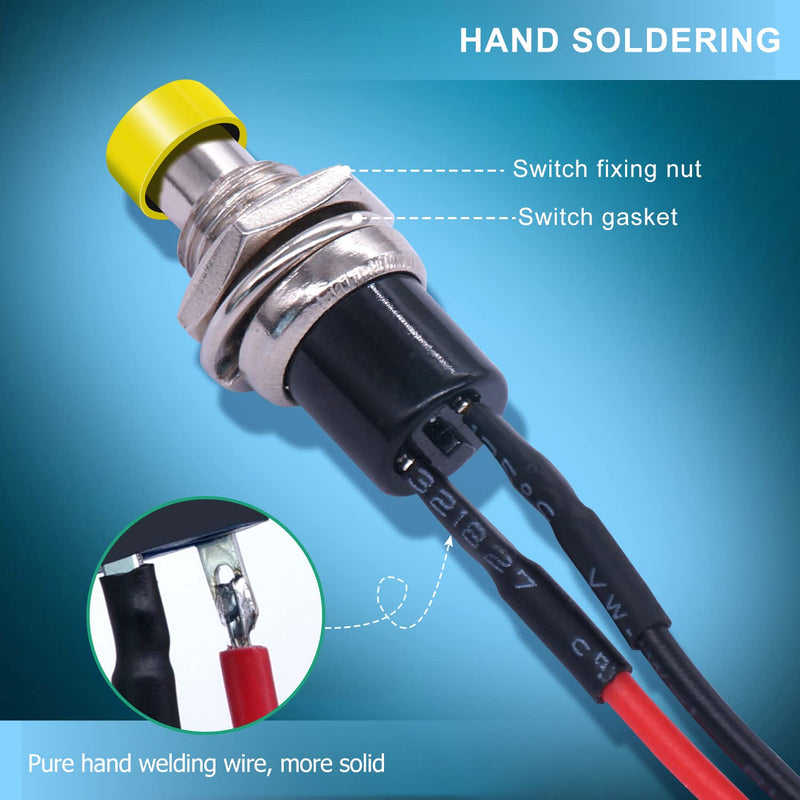 Twidec/12PCS 12V 250V Momentary Push Button Switch 2 Pins SPST 7mm 6 Colors Normal Open 1A Mini Round Button Switch with Pre-soldered Wires PBS-110-X6C Blue+Red+Black+White+Yellow+Green