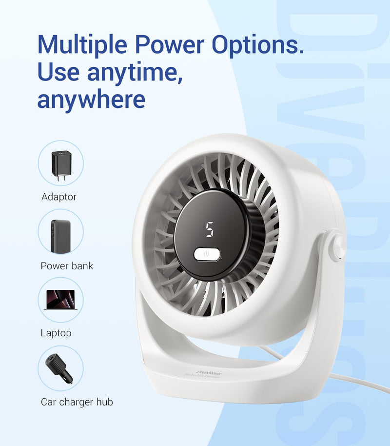 Diveblues USB Desk Turbo Fan, Ultra-Quiet Mini Desk Fan, Powerful Wind, LED Display, 5 Speed, 360° Rotating Small Portable Fan for Home, Office and Outdoor Cool Tech Gadgets - TurboBreeze Snow white