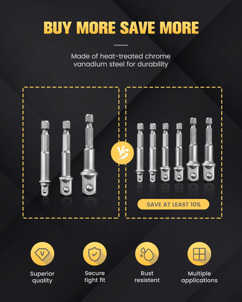 BOEN Impact Grade Socket Adapter Set, 3-PCS Drill Bit Adapter with Bit Holder, Sizes 1/4", 3/8", 1/2", 1/4-Inch SAE Hex Shank, Cr-V, for Cordless Drill & Screwdriver, Power Drill & Driver 3PCS SAE