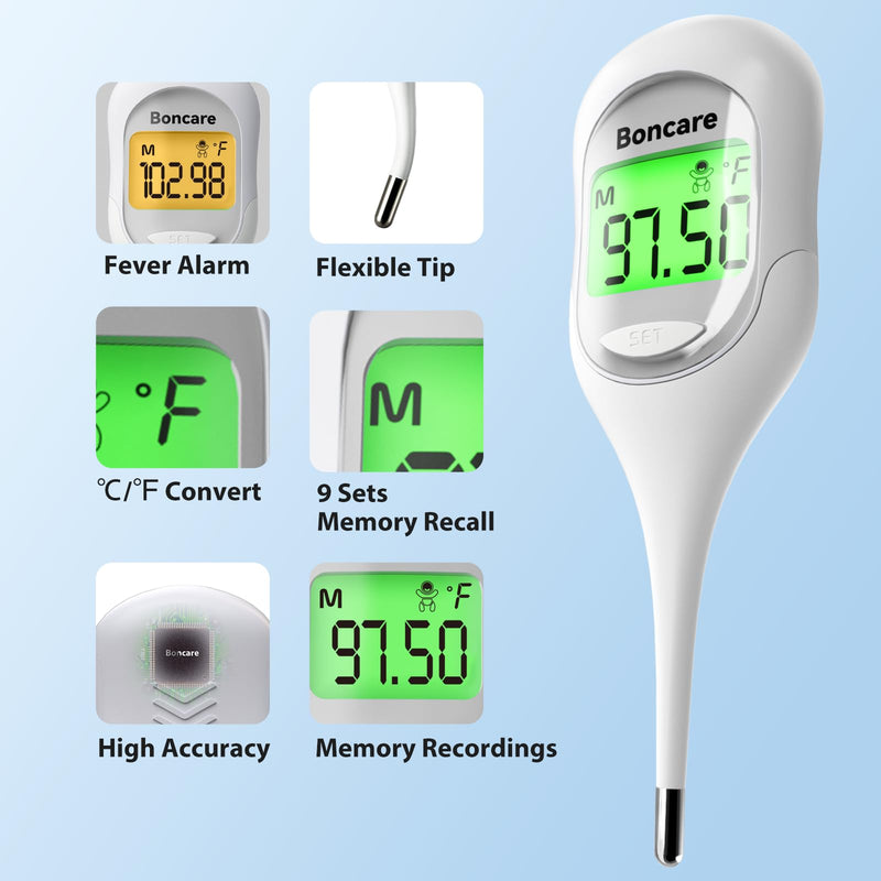 Boncare Basal Body Thermometer for Ovulation, Oral Thermometer for Adults and Kids - Accurate Rectal Thermometer for Baby, with Fever Alarm and Large Display, FSA HSA Eligible (Rice-White) Rice-white