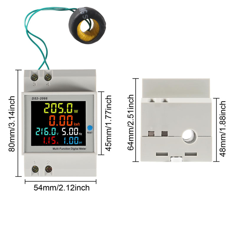 2Pack Single Phase Energy Meter Din Rail Electricity Usage Monitor AC 40-300V 100A Voltmeter Ammeter Watt Kwh Frequency Power Meter External CT 110V