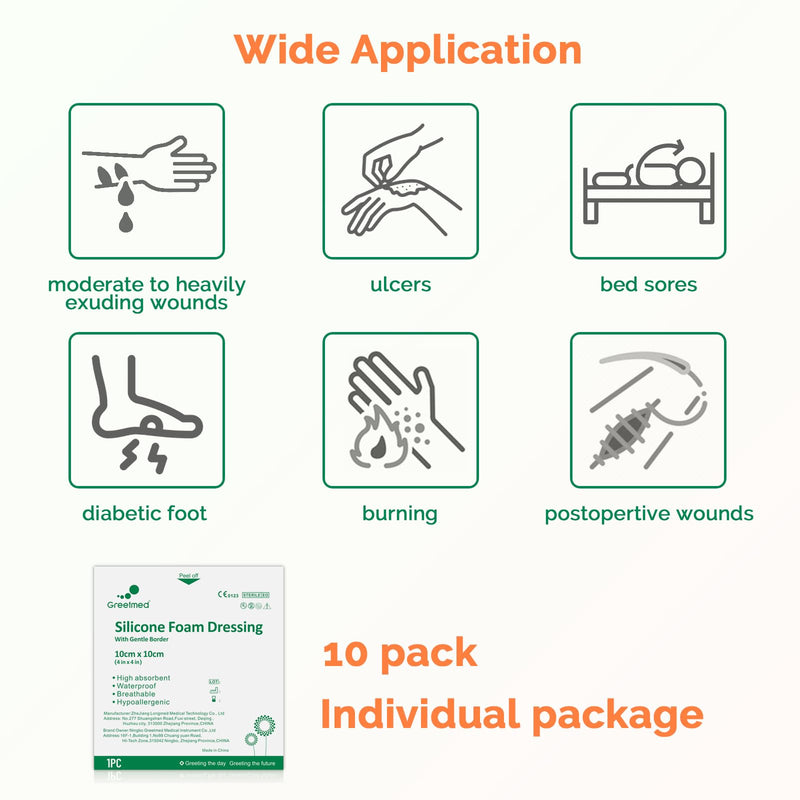 Silicone Foam Dressing 4x4 Inch with Border, 10 Pack Adhesive Large Waterproof Bandages for Wound, High Absorbency Big Foam Pad Bandaids, Medical Grade Wound Dressing 4 x 4 Inch(10pcs)
