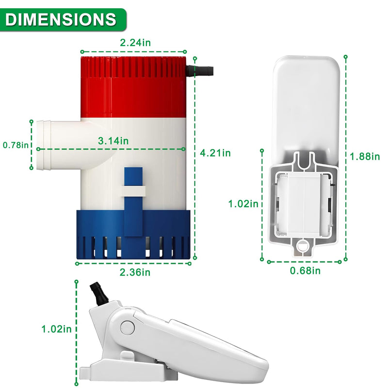 750 GPH Marine Bilge Pump,12V DC Submersible 1-1/8 Inch Diameter Electic Rule Bilge Water Pump Kit,with Automatic Float Switch High-Flow Fully Bilge Pumps for Boats RVs Yachts Caravans 750gph Pump With Float Switch