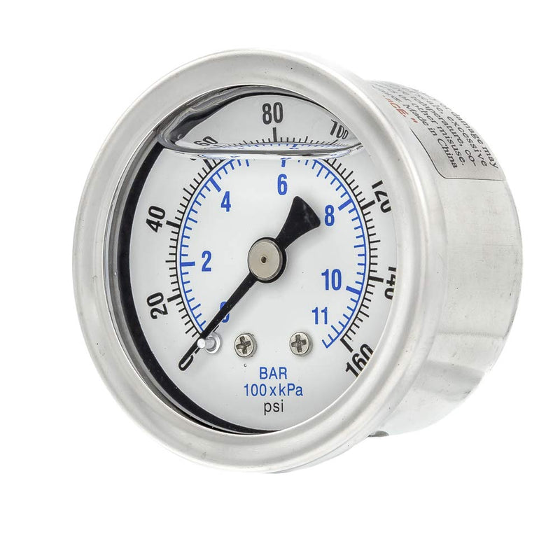 PIC Gauges 202L-158F Center Back Mount Glycerine Filled Pressure Gauge w/ SS Case/Bezel, Brass Internals, PC Lens, 1.5" Dial, 0/160 psi Range, 1/8" Male NPT 0 - 160 PSI