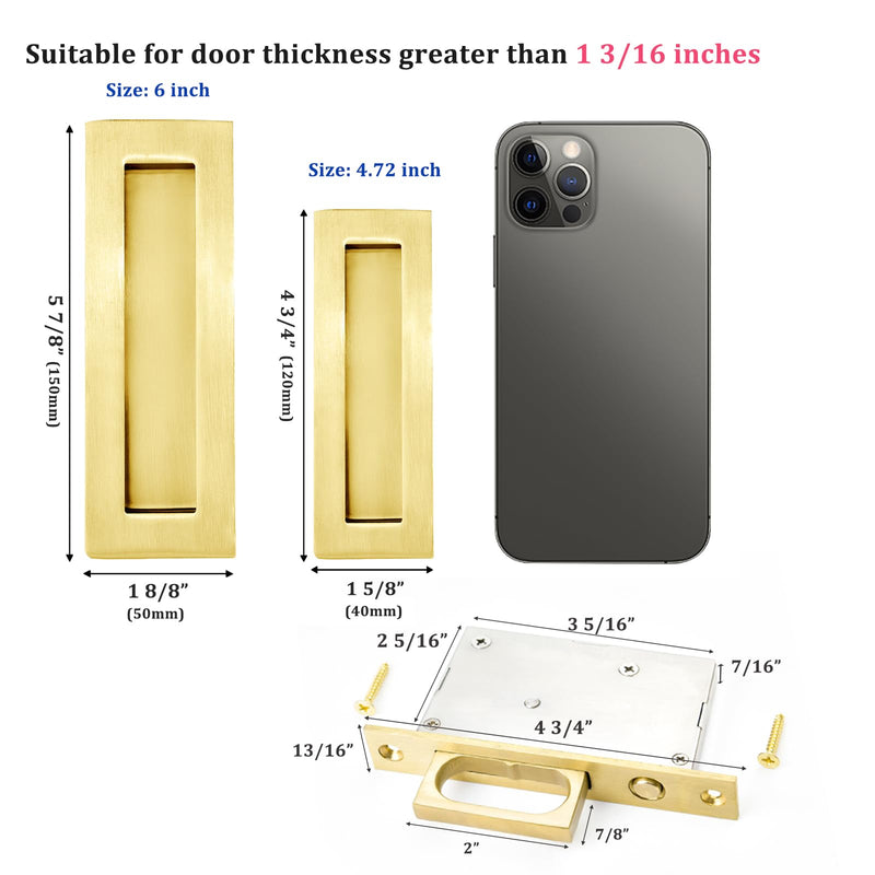 Dontay Sliding Pocket Door Handles, 304 Stainless Steel Non Locking Pocket Door Hardware, Recessed Flush Finger Pulls, Heavy Duty Edge Pull with Pop Out Ring Pull (Satin Brass (2 Set), 4.72 Inch) Satin Brass (2 Set)