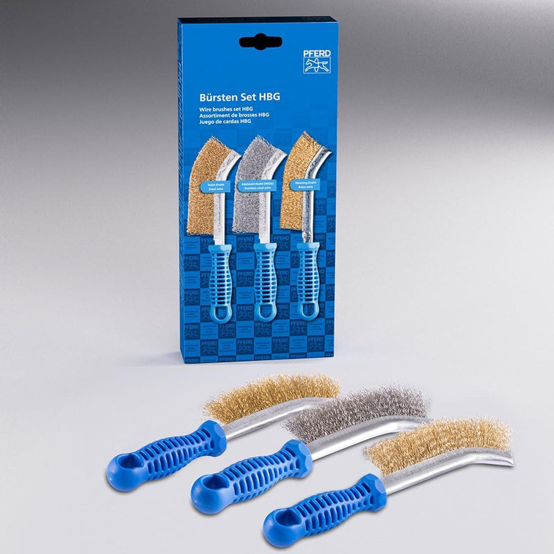 PFERD Hand Brush Set with 1 x Hand Brush with Brass-Plated Steel Wire, Stainless Steel Wire and Brass Wire Diameter 0.01" - Part 89386