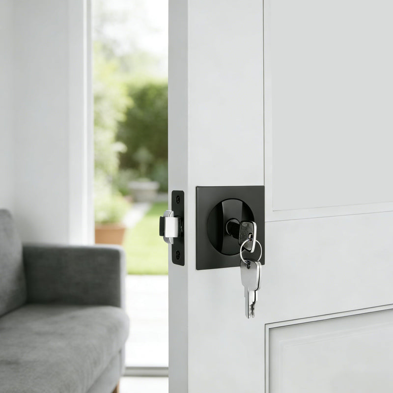 Matte Black Pocket Door Lock with Key, Pocket Door Pull Handle with Lock Square Door Lock for Privacy Sliding Door Bifold Bathroom Door Locks and Pulls Hardware Entry (with Key) Matte Black