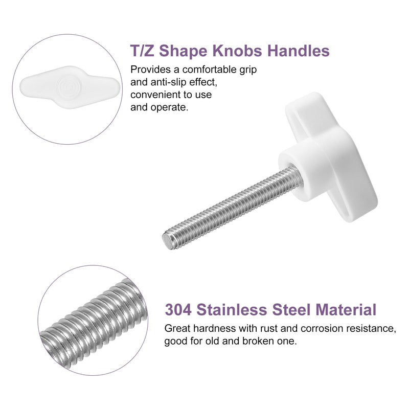uxcell 4Pcs Tee Wing Knobs Thumb Screws, M6 x 40mm Clamping Screw Knob Male Thread 304 Stainless Steel T Shaped Thumb Screws Handle 36mm Dia. for Hand Tightening Knob Replacement, White