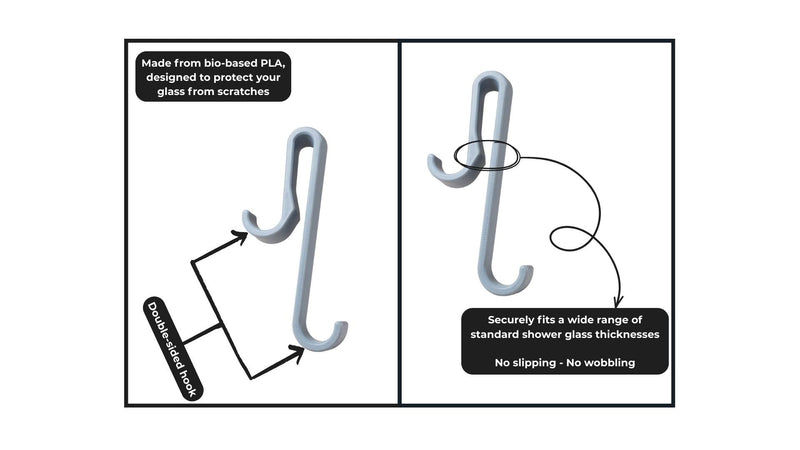 Universal Shower Hooks for Glass (6–10mm) - Extended 6” Hanging Hooks for Frameless Shower Doors, Frameless & Framed Shower Walls - Double Sided Hooks for Towels, Robes and Bathroom Accessories (Gray) Gray