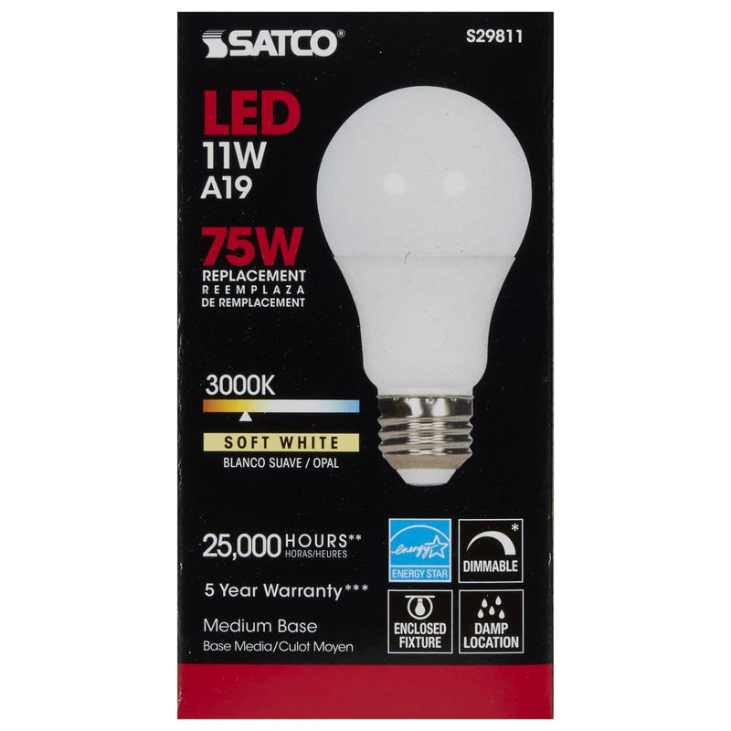 Satco S29811 11 Watt A19 LED Dimmable Frosted Light Bulbs - 3000K Soft White - E26 Medium Base - 1100 Lumens - 220 Degree Beam Angle - 120 Volts - Damp Location (6 Pack)