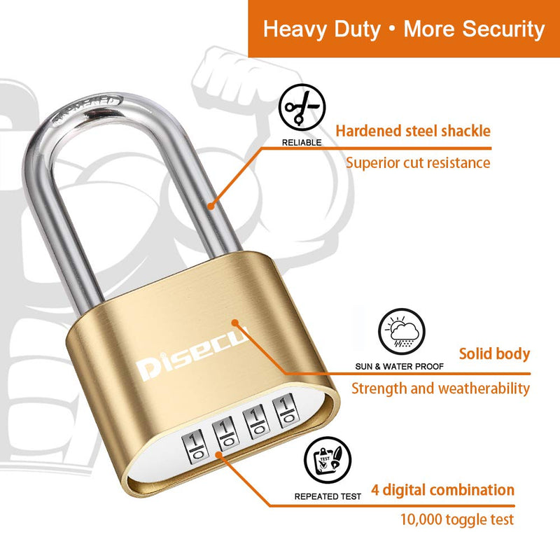 Heavy Duty 4 Digit Combination Lock 2.5 Inch Long Shackle Outdoor Waterproof Padlock for School Gym Locker, Fence, Gate, Case, Hasp Storage (Brass, 2 Pack) Brass
