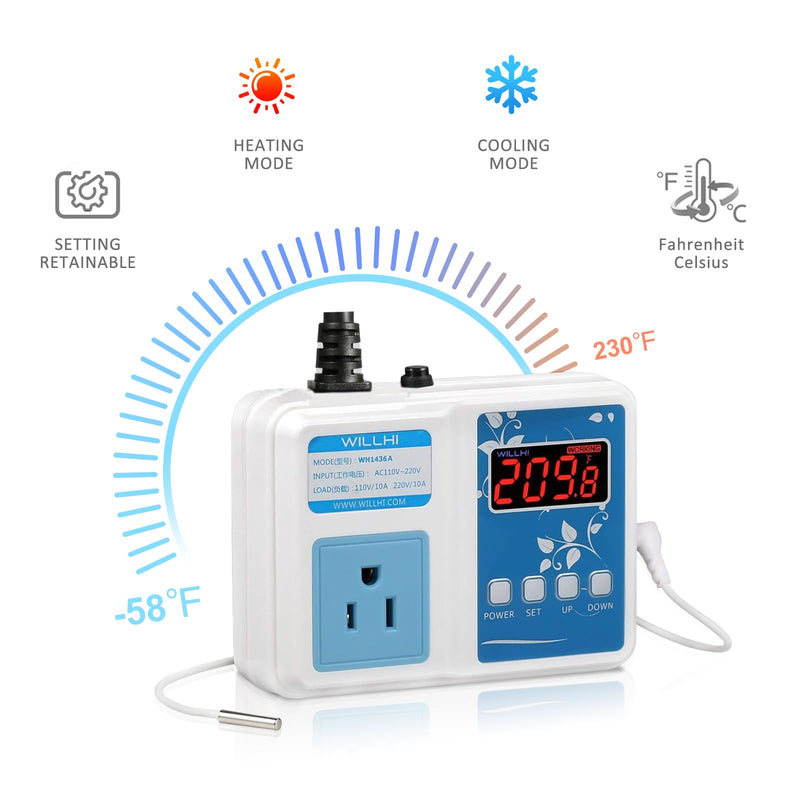WH1436A 10A Temperature Controller 110V Digital Thermostat Switch Sous Vide Controller NTC 10K Sensor Improved Version