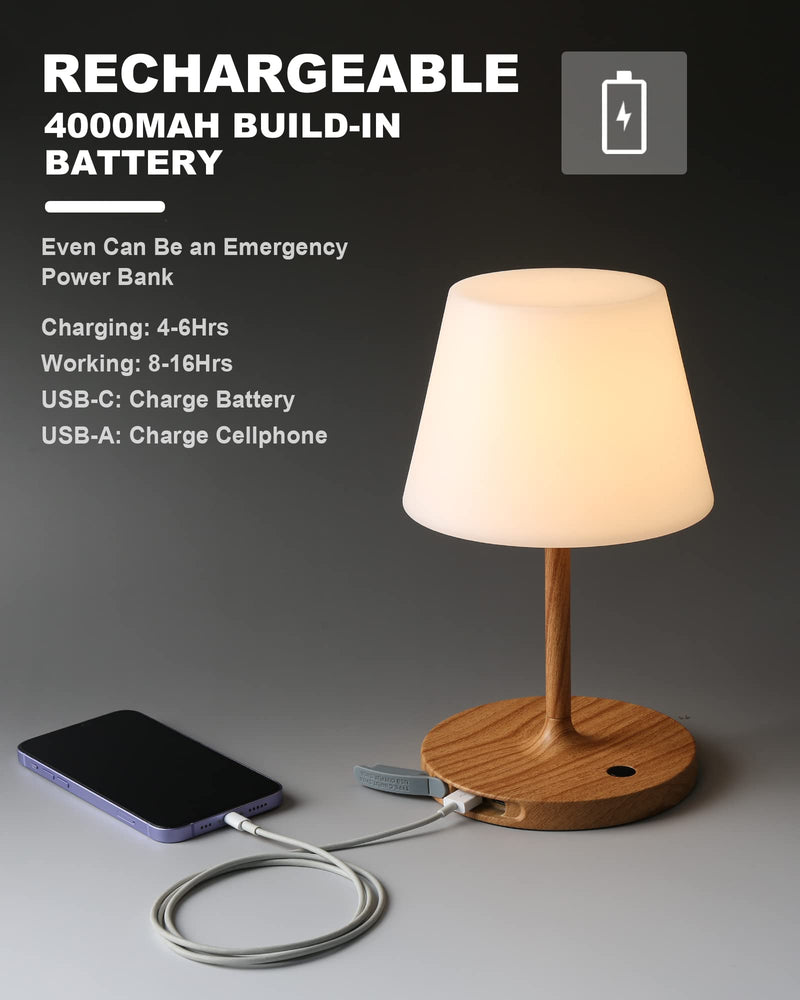Outdoor Battery Operated Table Lamp Waterproof, 4000mAh Cordless Rechargeable, Touch Dimmable Desk Lamp, LED Night Light for Patio Camping Restaurant Home, H9.6in, Wood Grain 9.6in