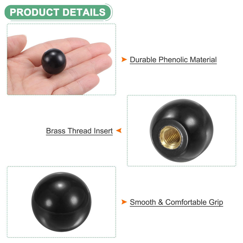 8-Pack Threaded Ball Knobs, M6 Female Thread 20mm Dia. Thermoset Ball Knob for Lathe/Machine/Lawn Mowers, Round Phenolic Brass Insert Lever Handle [Black] M6x20mm