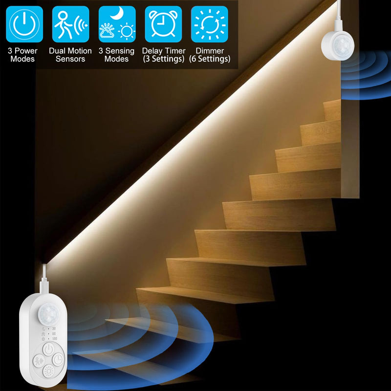 Dual Motion Sensor Light Indoor - Plug-in Motion Activated Step Stair LED Strip with Double Sensors, Dimmer and Timer for Stairway, Bedroom, Corridor (Warm White 3000K 16.4FT Light Strip) Power Adapter + 6.56FT DC Cable