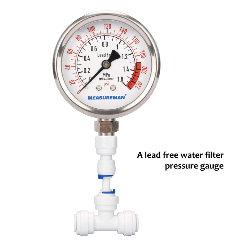 MEASUREMAN Lead-Free Glycerin Filled Reverse Osmosis Pressure Gauge, Purified Water Pressure Gauge, 2-1/2" Dial Size 1/4" Lower Mount, 0-220Psi/Mpa, with PU Tube Connection 0-220 psi with PU Tube Connection