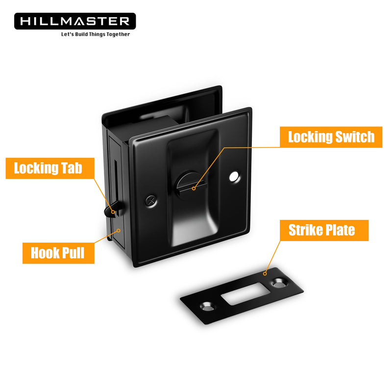 Privacy Pocket Door Lock Pull, Matte Black Pocket Door Hardware Solid Brass Pocket Door Handle Sliding Door Lock Door Latch for 1-3/8” Thickness Door,Black,1 Pack 1 Pack