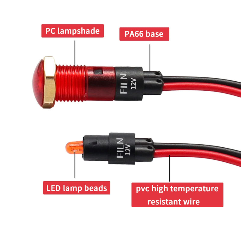 10Pcs 8mm(5/16'') 12v led Indicator Light Pilot Signal lamp with Mini 24V watarproof red Green Bule Yelow White Panel Lights (8MM, Red+Green+Blue+White+Yellow) 12V-24V Red+Green+Yellow+Blue+White