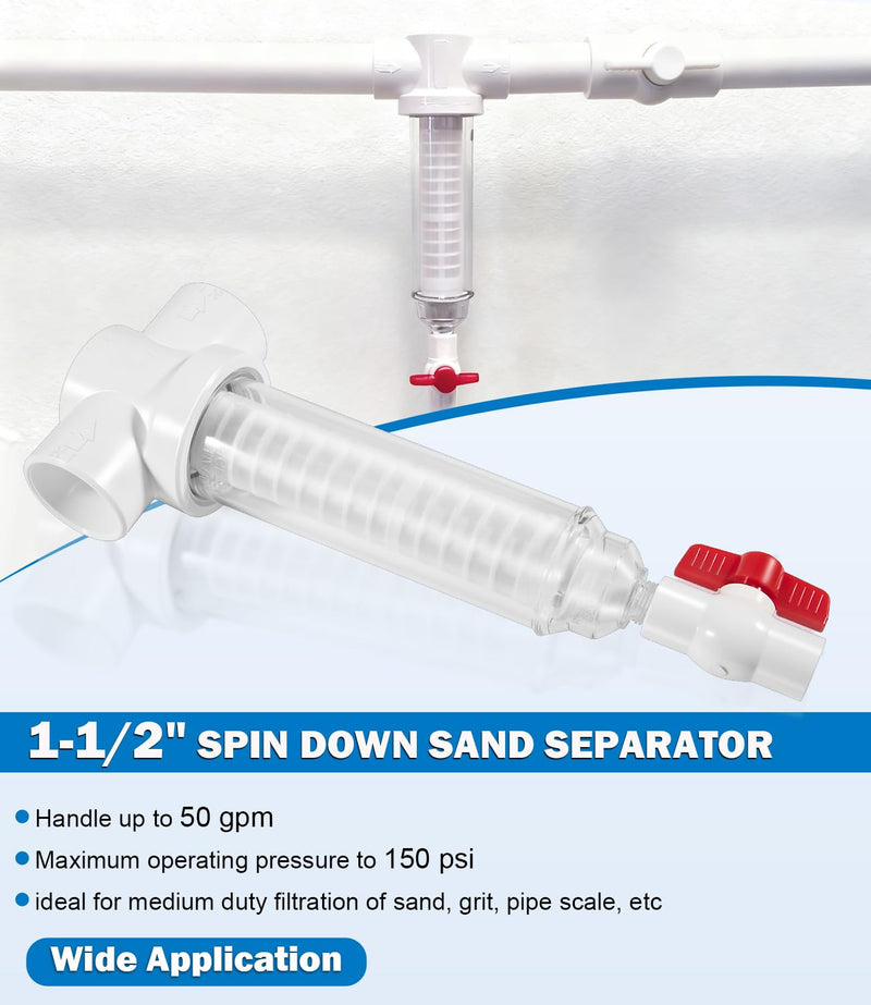 1-1/2" Spin Down Sand Separator for 50 Gpm Sediment Water Filter System, PVC Slip Fit Connections, 100 Mesh