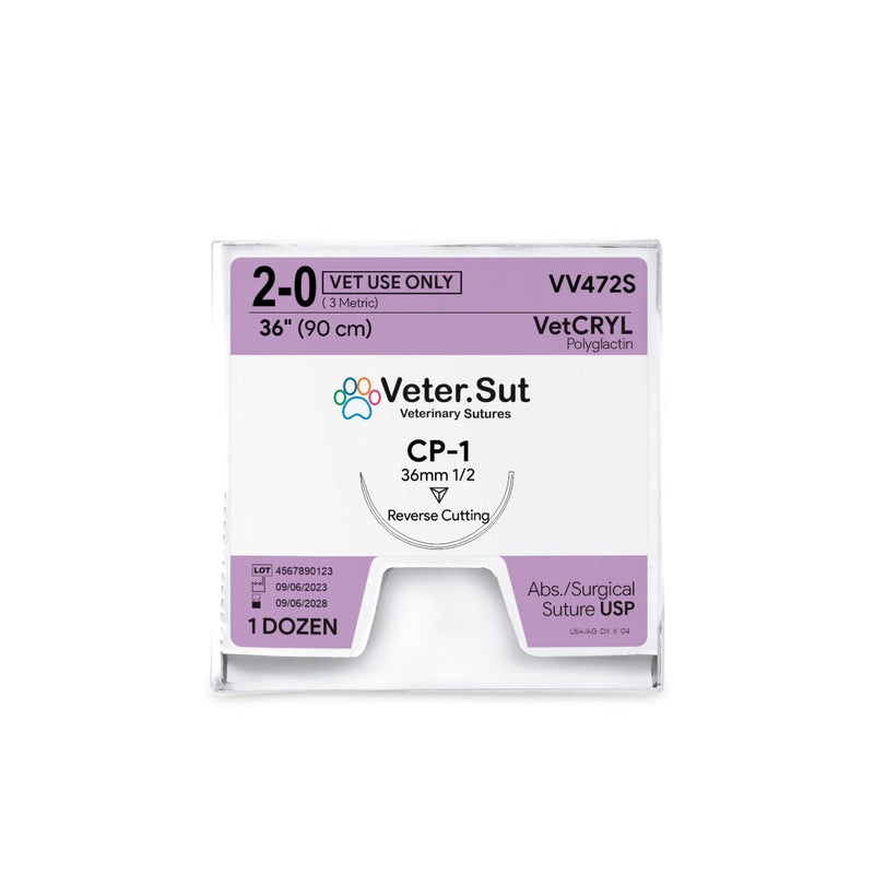 VeterSut VetCRYL Absorbable Polyglactin Surgical Suture USP Size 2-0, (CP-1) 1/2 36mm Reverse Cutting Needle, 36 Inches (90 cm), 12 Count, Veterinary Use - NewNest Australia