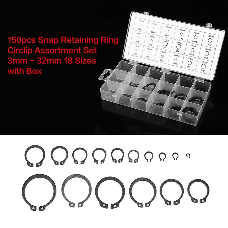 150pcs Black C Clips Snap Ring Shop Assortment Internal External Lock Snap Retaining Ring Metal Circlip for Industrial Fasteners 18 Sizes with Box Size 3mm - 32mm