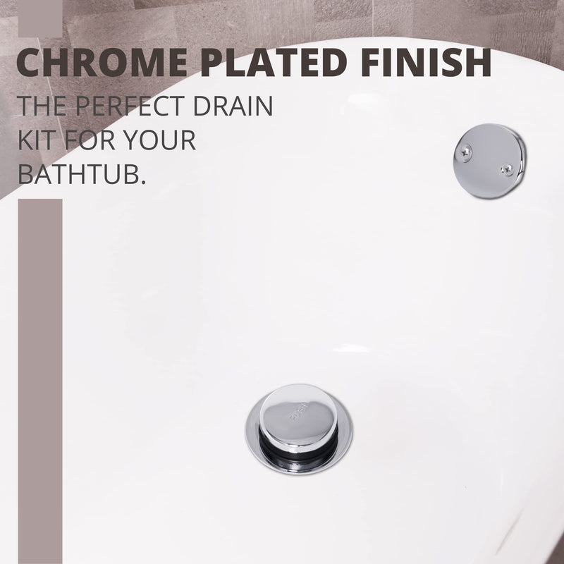 Bathtub Drain Tip-Toe Tub Trim Kit with Two-Hole Overflow Faceplate, All Brass Bathtub Drain Stopper Plug with Universal Fine/Coarse Thread, Lift & Turn Tub Conversion Set (Chrome Plated) Chrome Plated