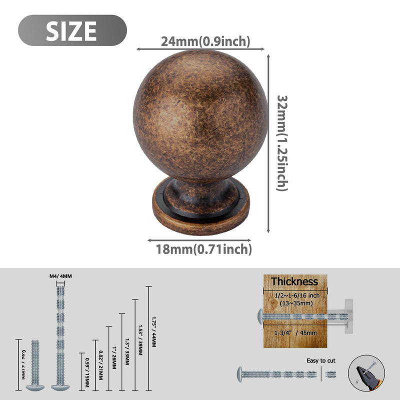 9 Pack Antique Brass Handles and Knobs Round Solid Vintage Cabinet Knobs 9