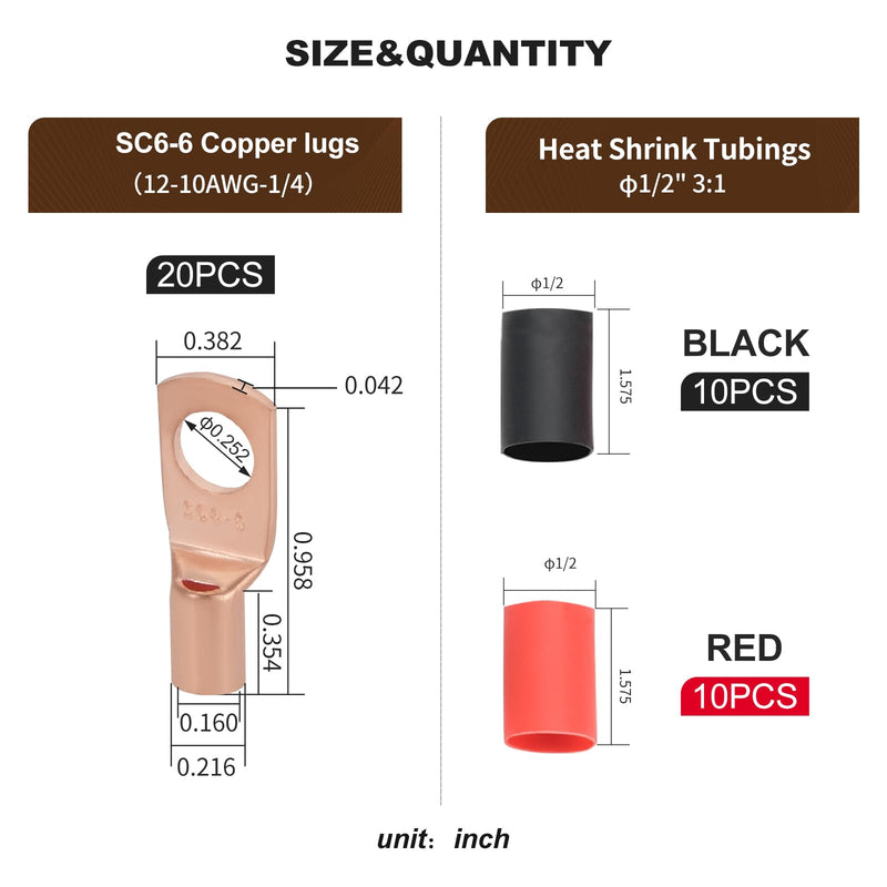Thick Copper Electric Wire Lugs,20Pcs Bare Copper Gauge 12-10Awg-1/4(M6) Ring Heavy Duty Battery Cable Lugs Ends Ring Terminals Connectors with 20Pcs 3:1 Heat Shrink Tubing Assortment Kit 12-10Awg-1/4"(M6)Ring