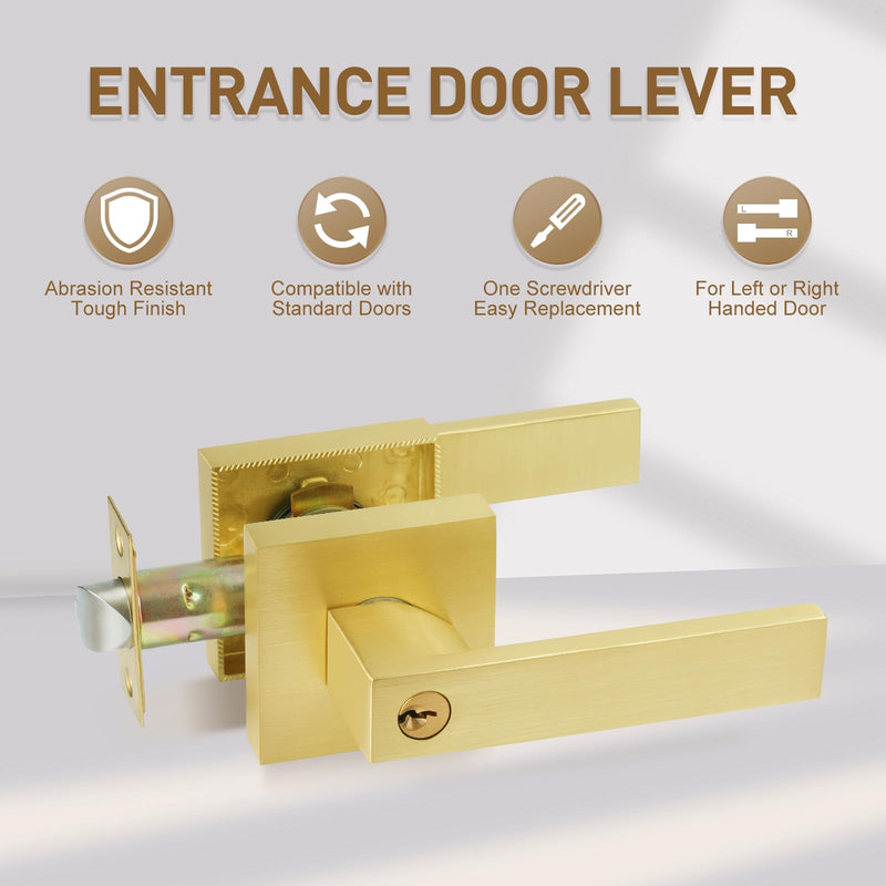2 Pack Golden Polished Brass Door Lever with Lock and Different Keys,Unlock New Home Style，Reversible for Bedroom, Bathroom & Front Door 2 Pack