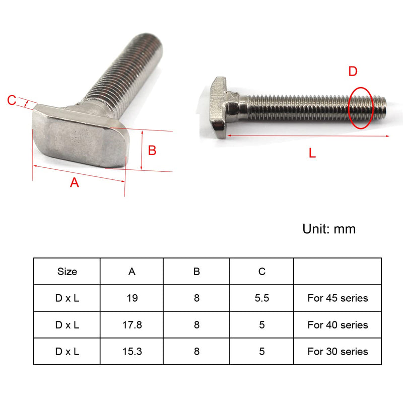 20Pcs M8x25mm 304 Stainless Steel T-Slot Bolt 40 Series Aluminum Profile T-Shaped Screw Bolt Fastener 17.8mm Head Size M8x25