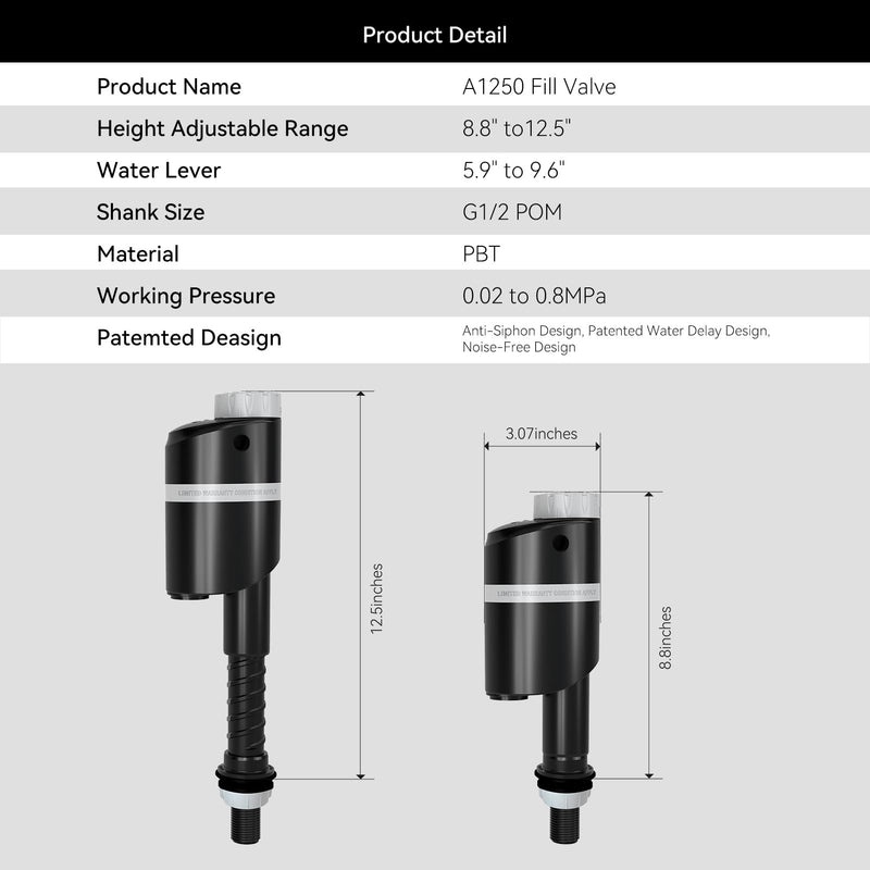 R&T A1350 Quiet Toilet Fill Valve Toilet Universal Tank Parts Replacement, Fast Stop Toilet Leaks and Noisy, Height Adjustable, Easy to Install No Plumber Required A1350 8.8"-12.5"