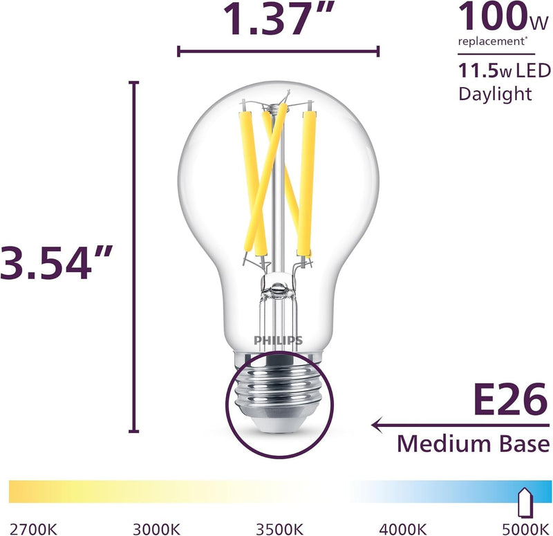 PHILIPS LED 100W A19 4-Pack Ultra Definition Daylight (5000K) 1500 Lumen (11.5W = 100W) Dimmable Clear Flicker-Free Light Bulbs Daylight (5000k) 8 Pack