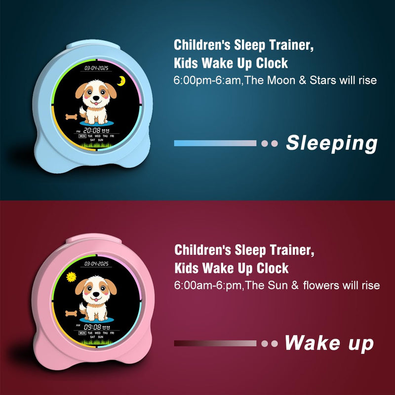 Kids Alarm Clock Sun & Moon& Dog LED Display with Day & Date OK to Wake Clock with Night Light for Kids Children's Sleep Trainer Gift for Boy and Girls Gog Blue