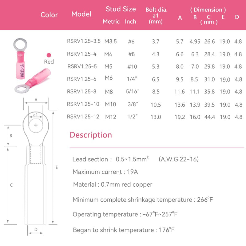 HKS 50 PCS Ring Terminals 1/4" Red 22-16 AWG - M6 - Electrical Connectors - Heat Shrink Wire Connector Kit - Tinned Copper - Automotive Marine Ring Connectors Insulated Waterproof 1/4" (M6)